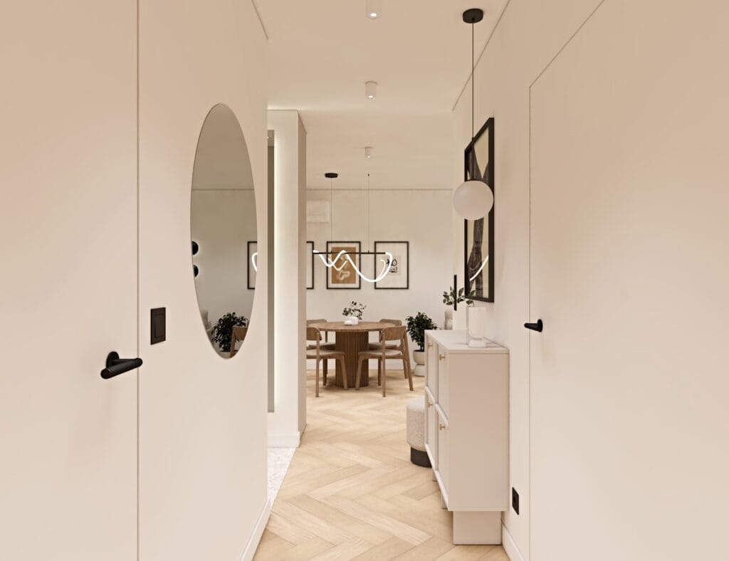 Jasny i przestronny przedpokój w stylu skandynawskim z nowoczesnym oświetleniem