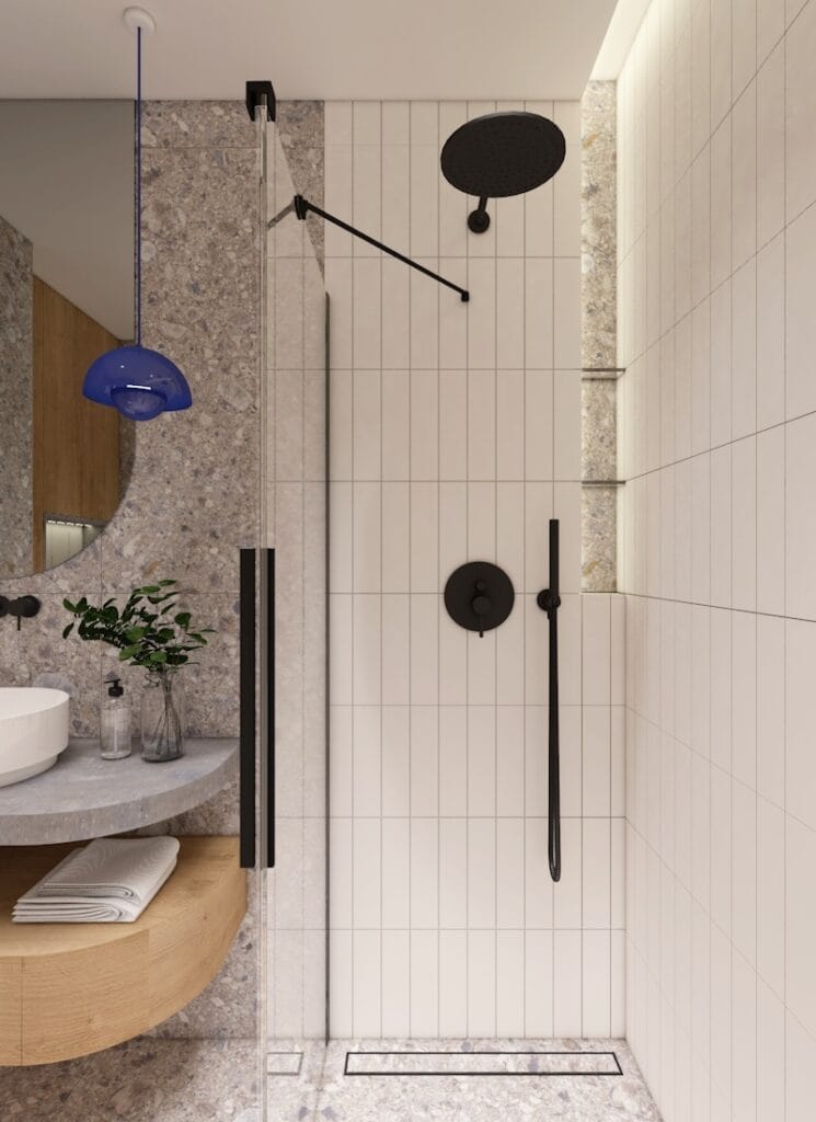 Kabina prysznicowa w stylu nowoczesnym z deszczownicą i czarną armaturą