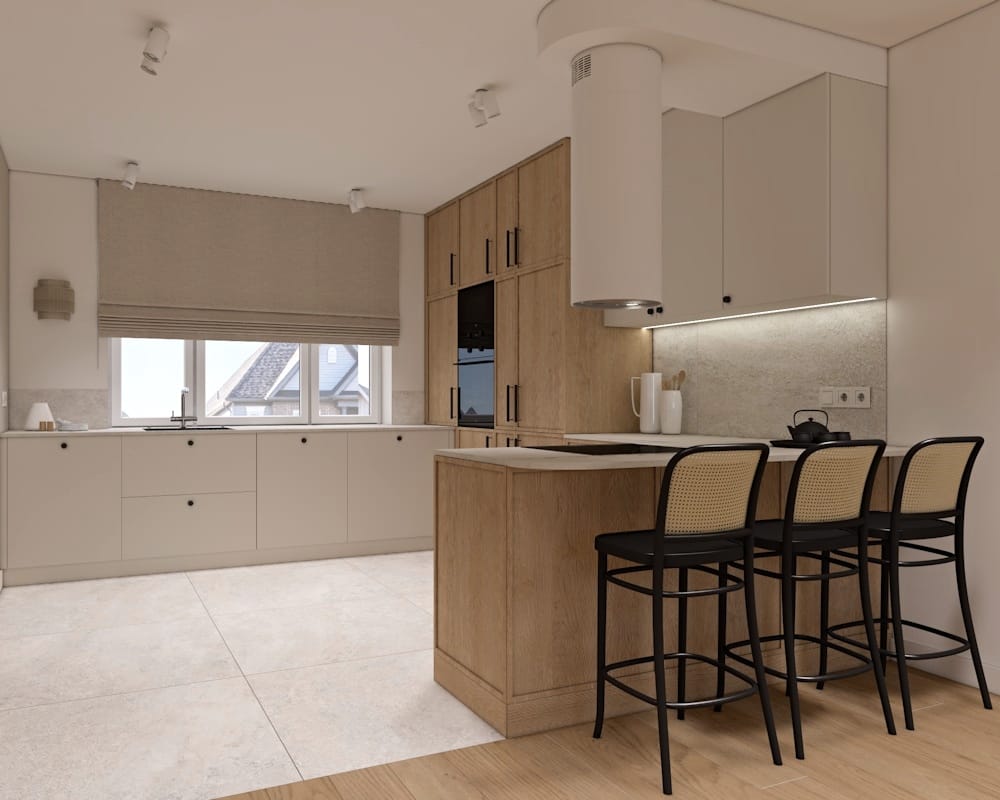 Nowoczesna kuchnia w minimalistycznym stylu, utrzymana w odcieniach bieli i beżu z drewnianymi akcentami i wyspą.