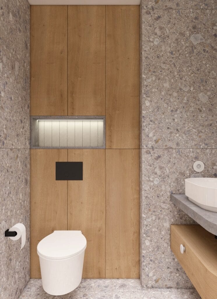 Nowoczesna toaleta z drewnianą zabudową i kamienną ścianą