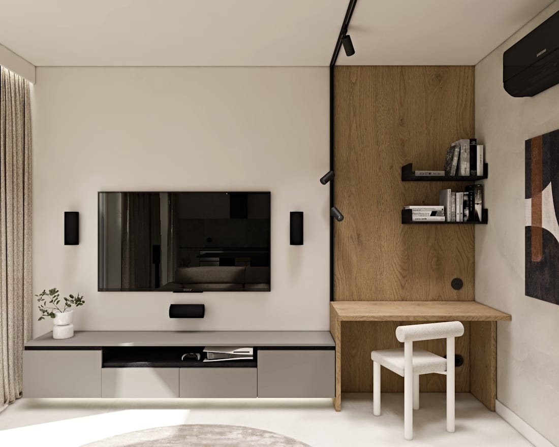 Nowoczesny projekt wnętrza salonu w minimalistycznym stylu, utrzymany w odcieniach bieli i szarości z drewnianymi akcentami.