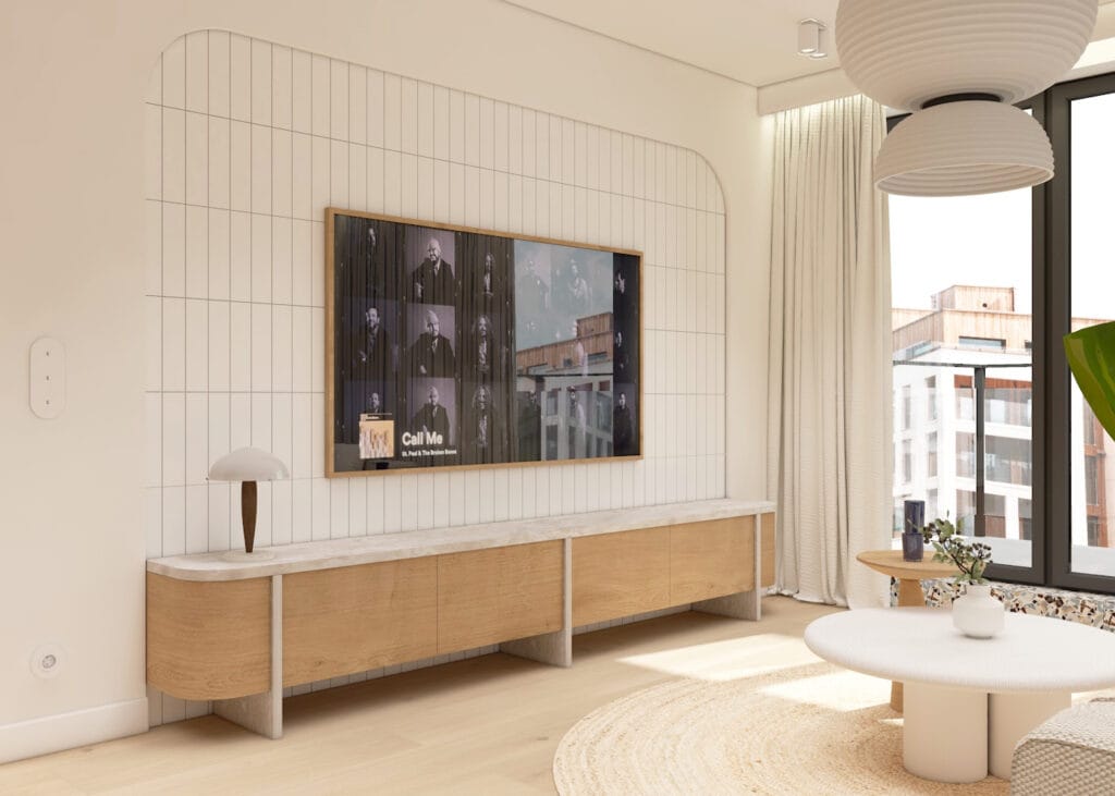 Nowoczesny salon z drewnianą szafką RTV i telewizorem na dekoracyjnej ścianie