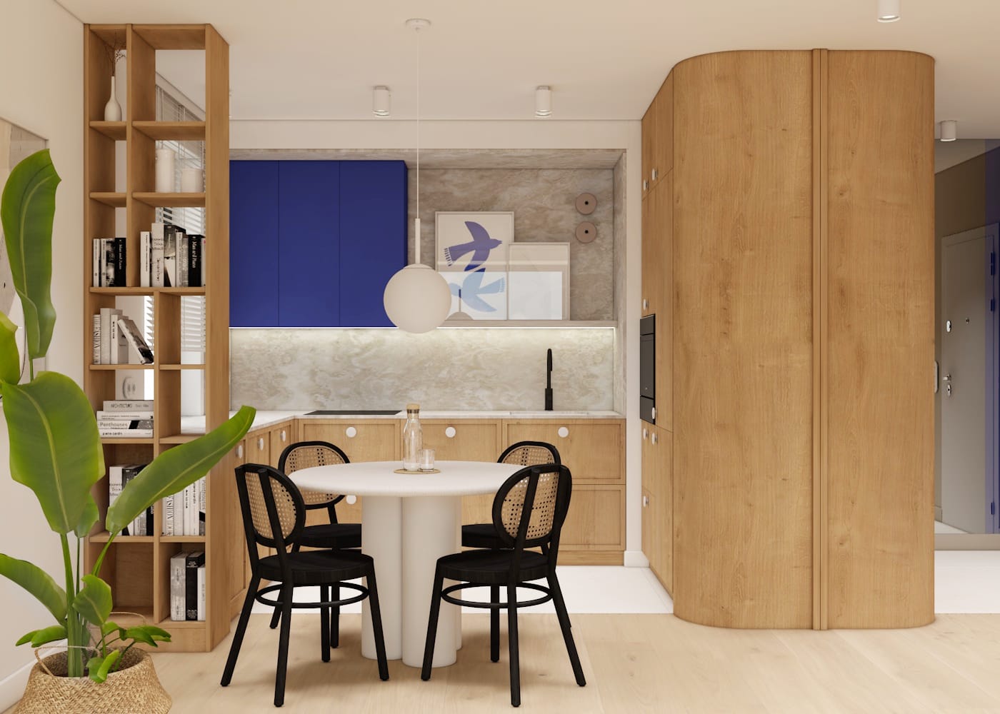 Projekt wnętrza z drewnianymi elementami i kobaltowym akcentem. Nowoczesny design z drewnem i niebieskimi detalami, idealny do wnętrz z charakterem.