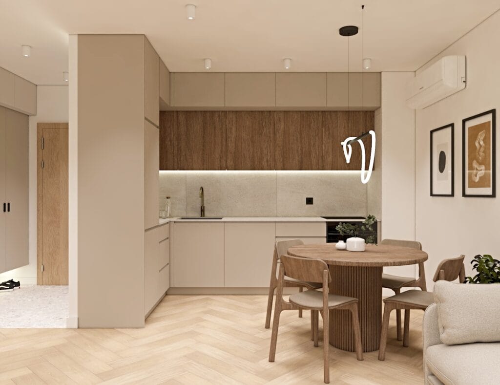 Przytulna kuchnia w stylu japandi z drewnianymi akcentami i okrągłym stołem