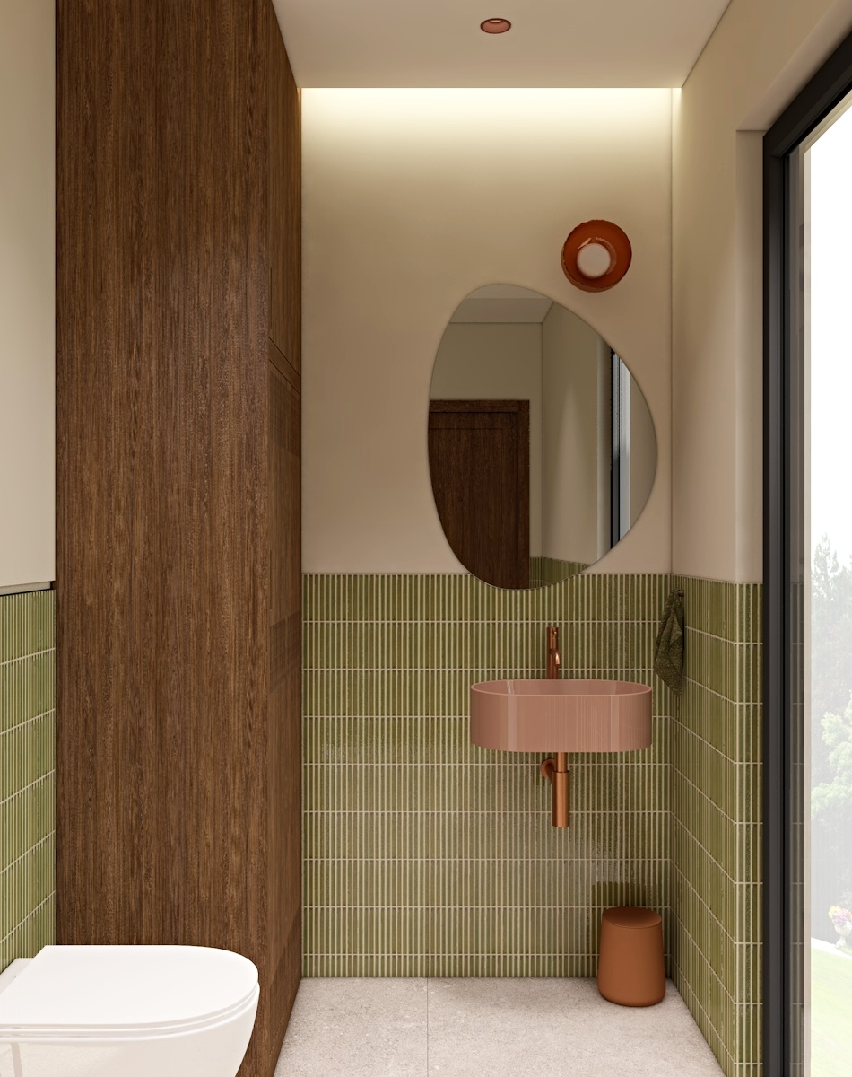 zielone płytki, sticky, podwieszany sufit w łazience, projekt toalety, pralka w toalecie, nieregularne lustro, drewniana zabudowa, miedziana bateria