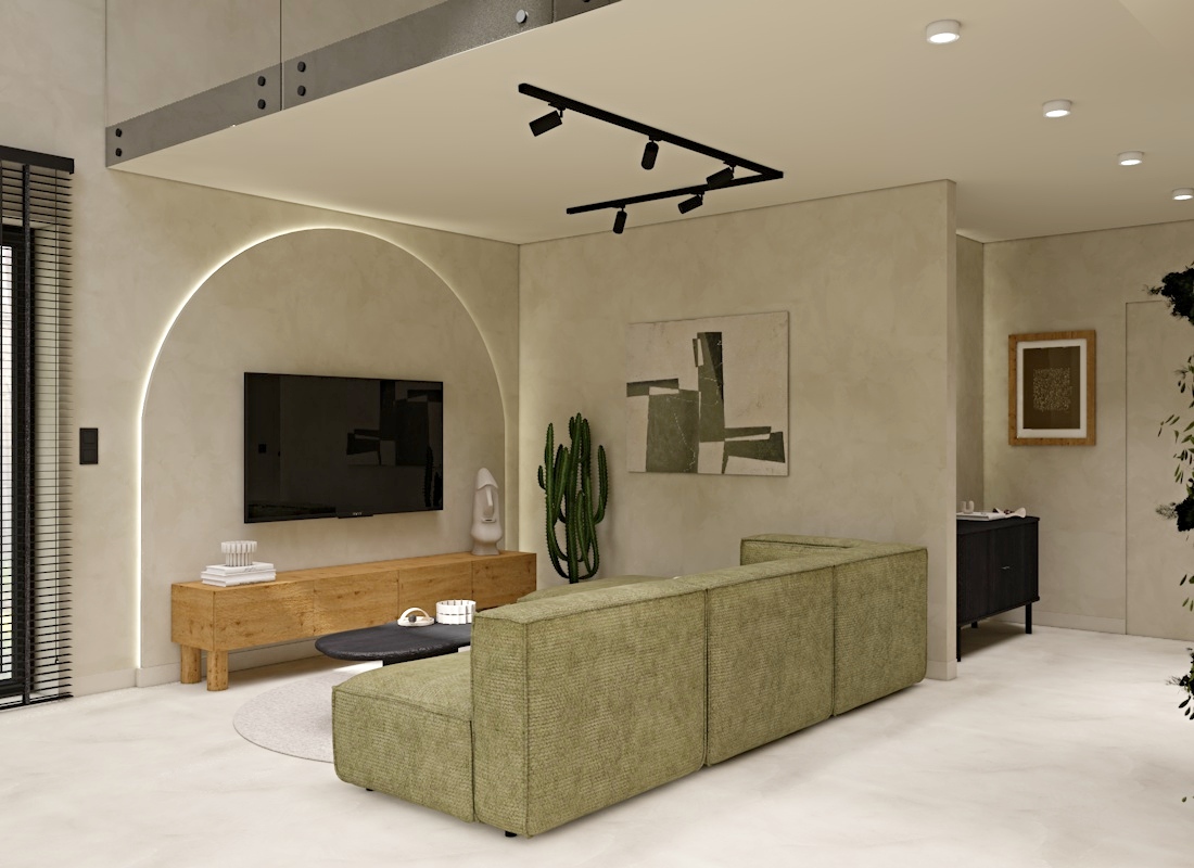 projekt salonu, ściana rtv, łuk na ścianie, zielona sofa, narożnik, wnętrze japandi, projekt domu z antresolą