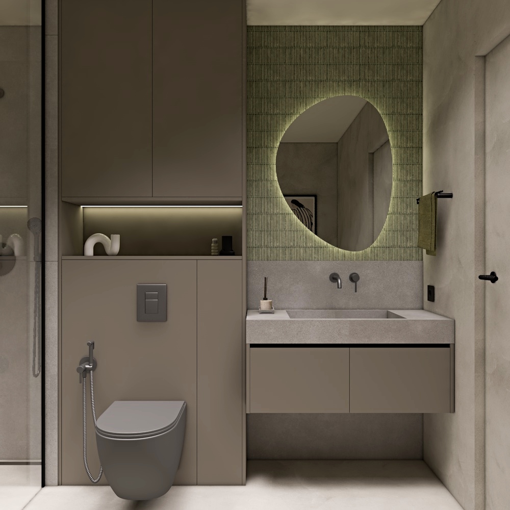 grafitowa łazienka, zielone płytki, umywalka z płytek, oświetlenie led w łazience, szara zabudowa, mikrocement w łazience