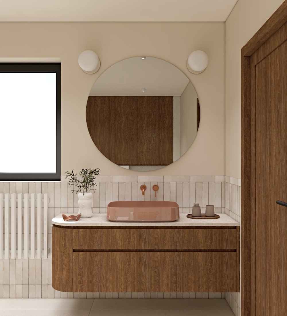 projekt łazienki, jasna łazienka, kinkiety w łazience, płytki cegiełki, kolorowa umywalka, okrągłe lustro