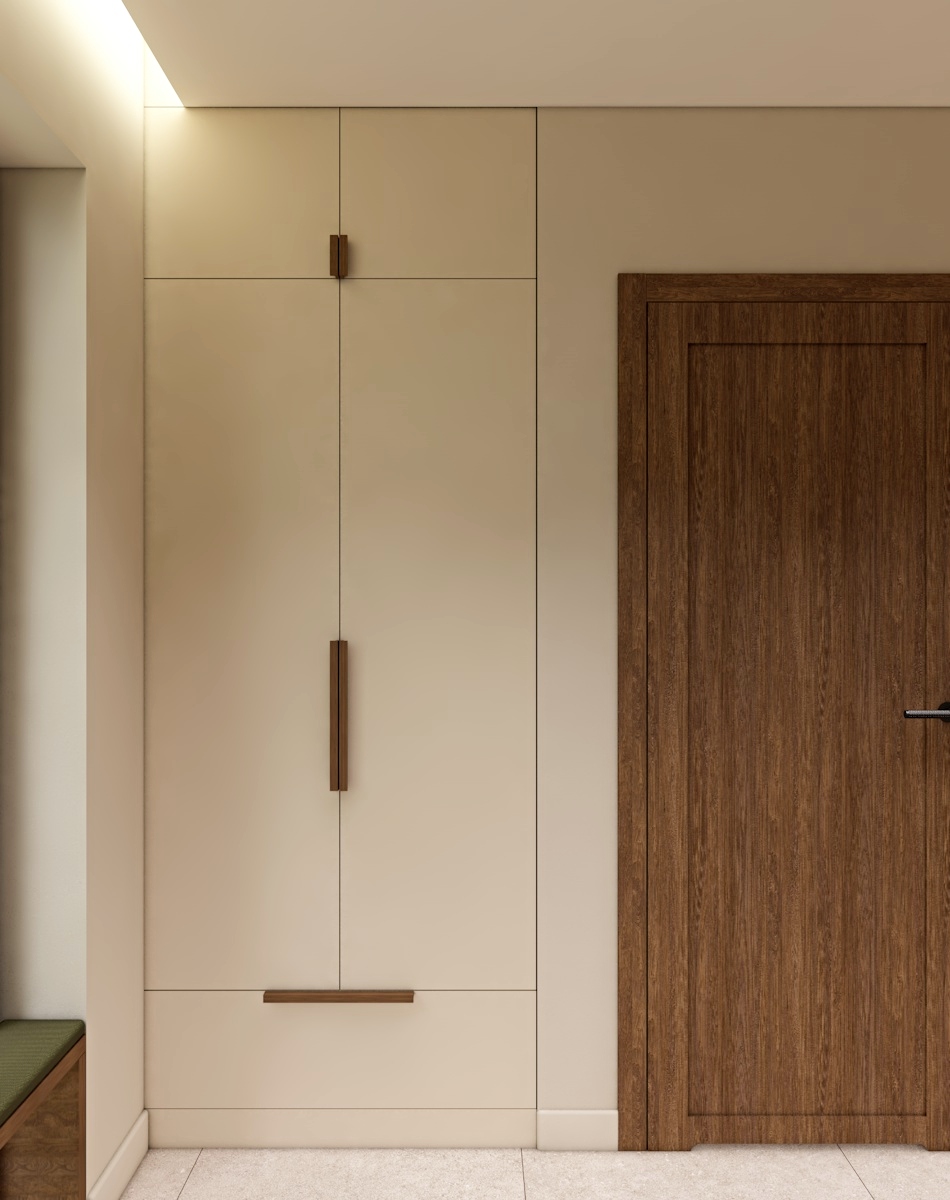 sufit podwieszany, oświetlenie led, projekt korytarza, wiatrołap, drewniane drzwi, siedzisko w oknie