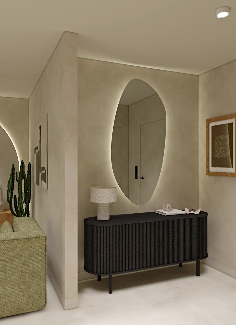 czarna komoda, nieregularne lustro, oświetlenie led, tynk wapienny, mikrocement, beton dekoracyjny