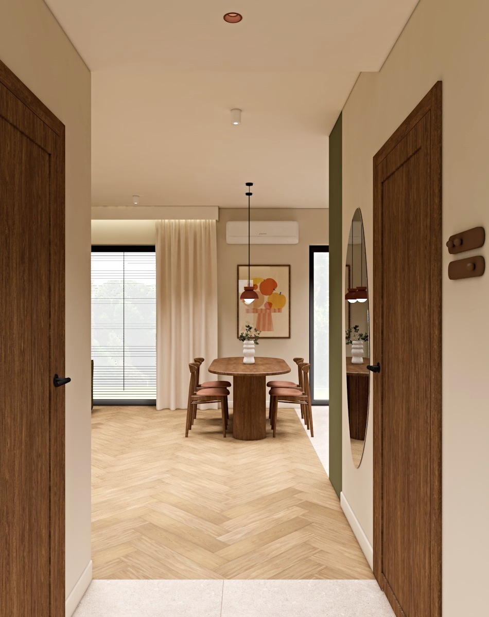 projekt jadalni, kolorowe lampy, jodełka, projekt domu, wejście do domu