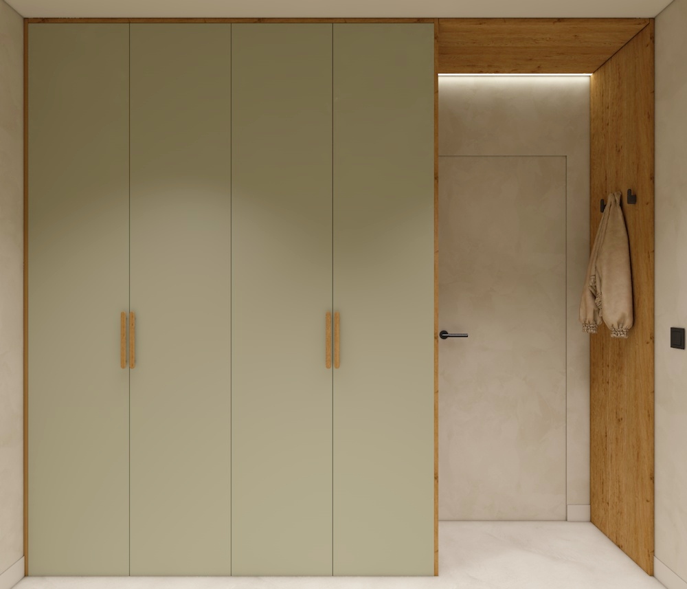 szafa w korytarzu, zielona zabudowa, projekt wiatrołapu, ukryte drzwi