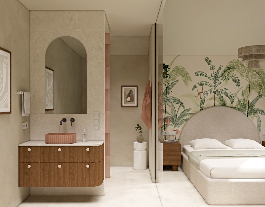 sypialnia z łazienką, różowe płytki, łazienka z prysznicem, sufit podwieszany pod prysznicem, tapeta w palmy, sypialnia w stylu boho, japandi