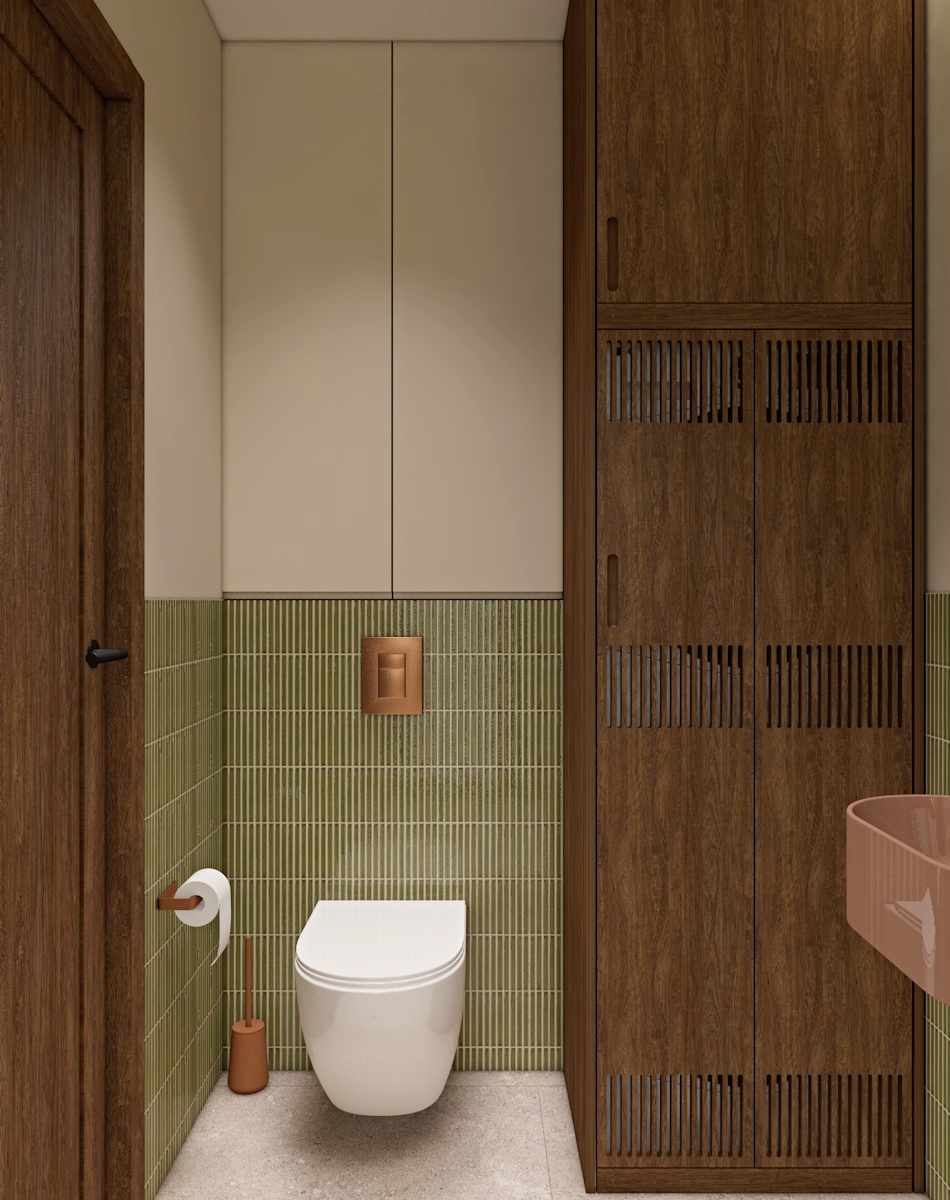 zielone płytki, miedziane dodatki, zabudowa stolarska w łazience, przytulna łazienka