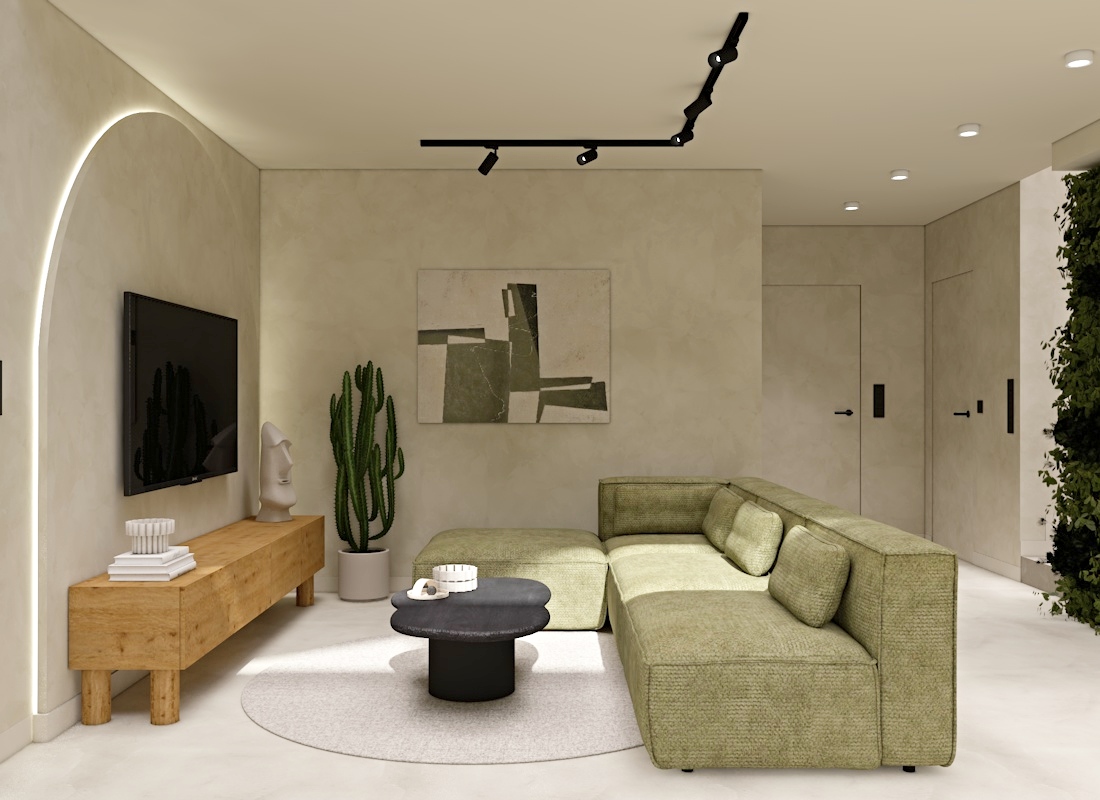 projekt salonu, ściana rtv, łuk na ścianie, zielona sofa, narożnik, wnętrze japandi, projekt domu z antresolą