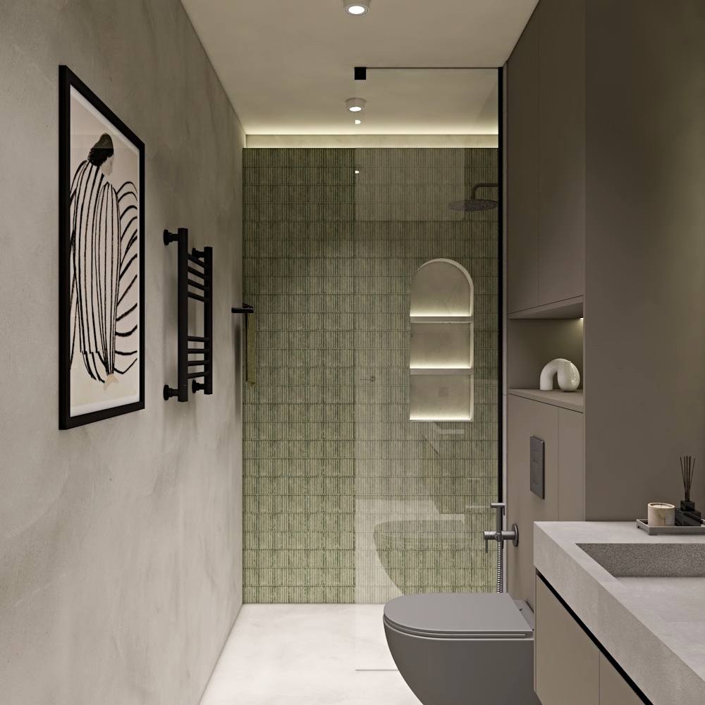 oświetlenie led w łazience, mikrocement w łazience, szara łazienka, grafitowa zabudowa, szara miska wc