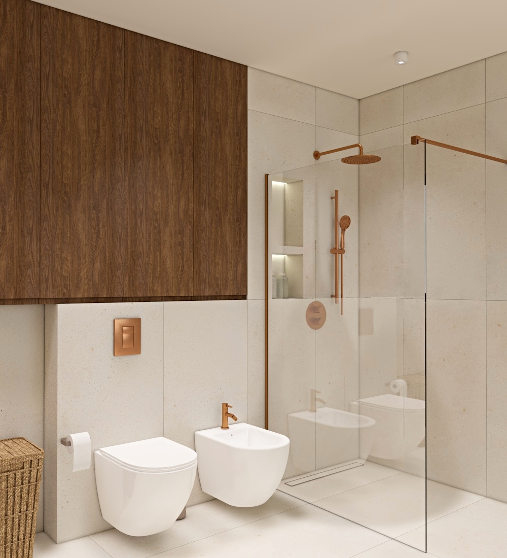 łazienka z prysznicem, minimalistyczna łazienka, beżowa łazienka, miedziane baterie, drewniana zabudowa