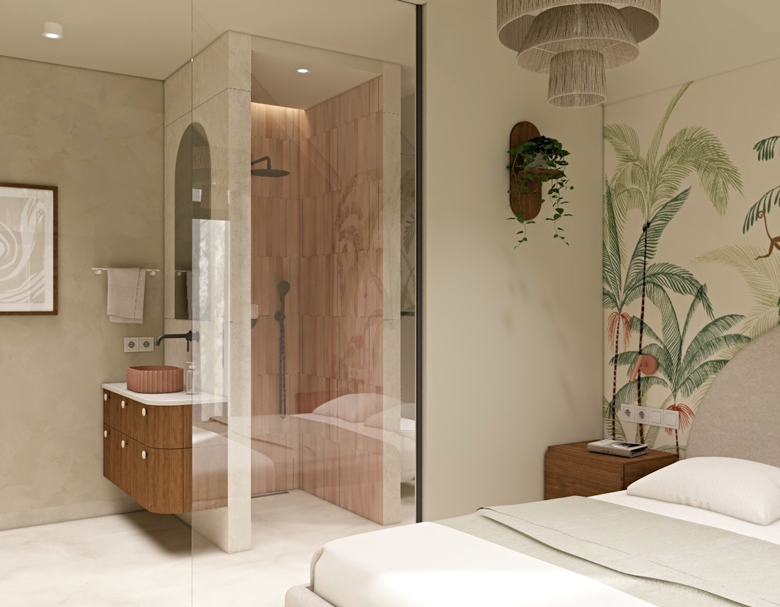 przeszklona łazienka, projekt sypialni z łazienką, różowe płytki, mikrocement