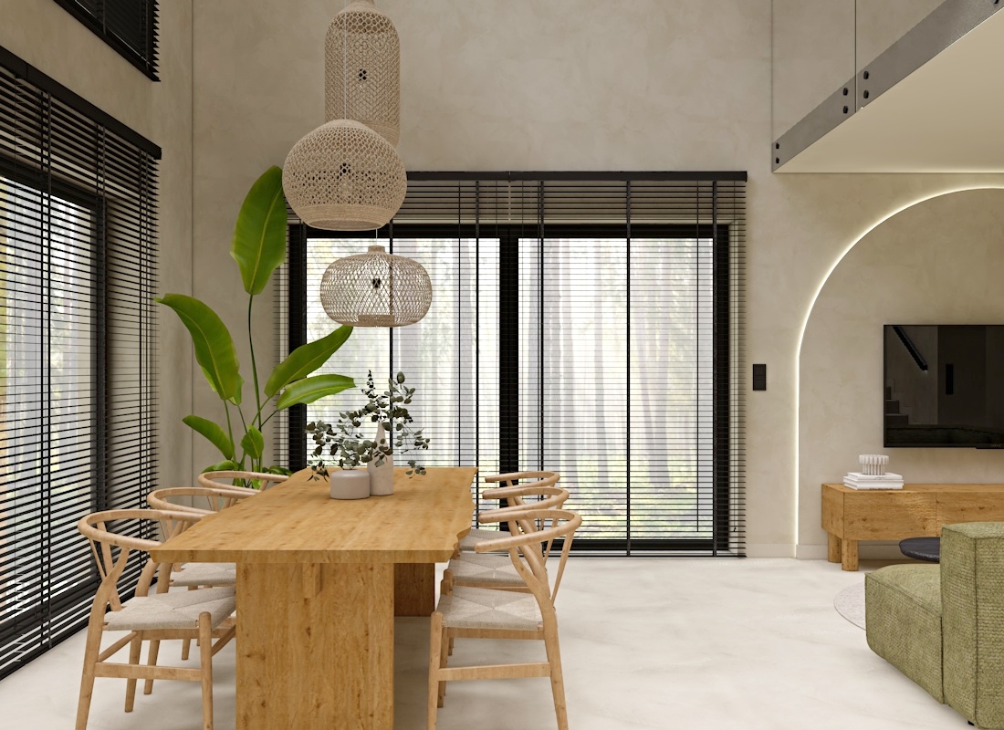 projekt jadalni, jadalnia w stylu boho, japandi, drewniany stół, plecione lampy, żaluzje okienne
