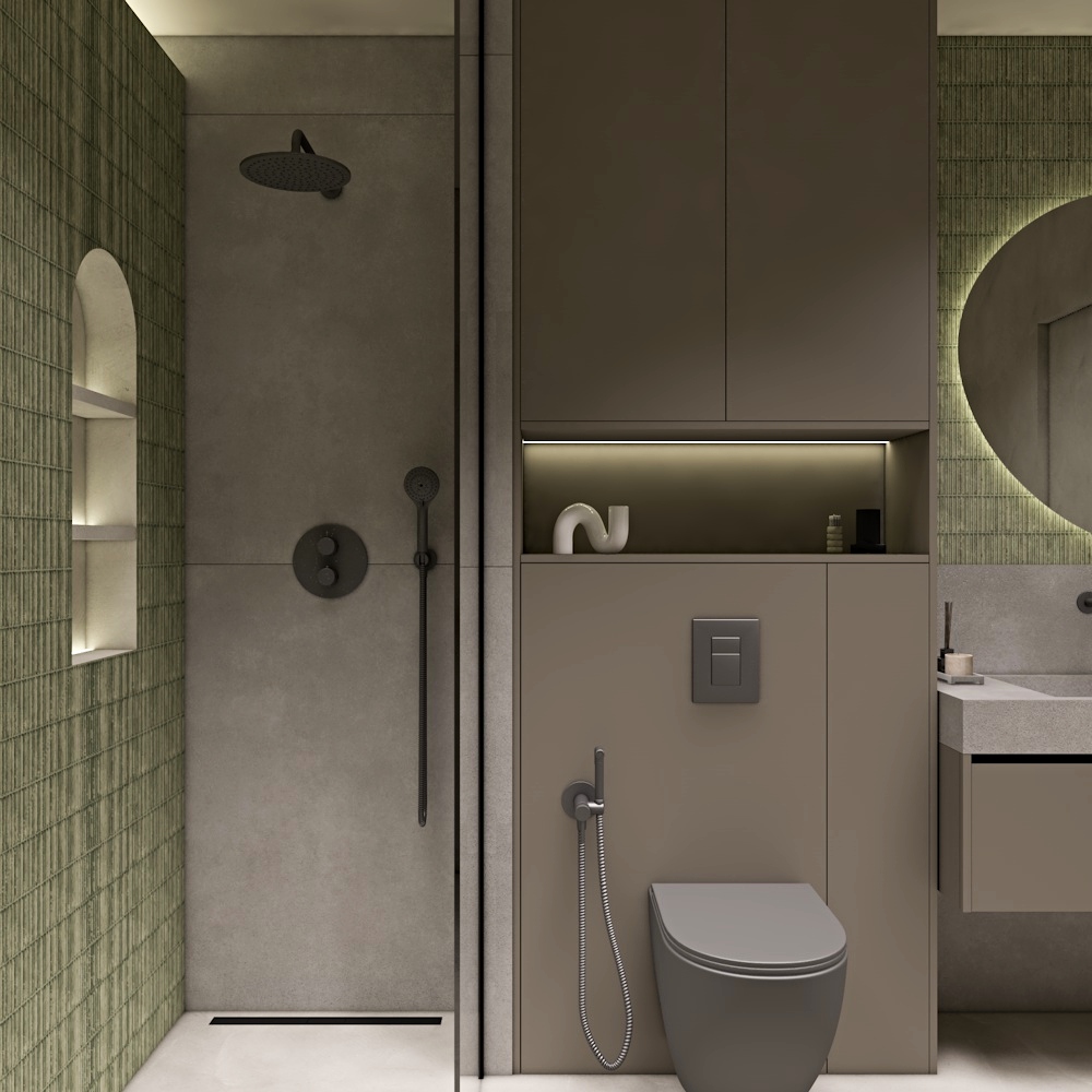 łazienka z prysznicem, półki prysznicowe, zielone płytki