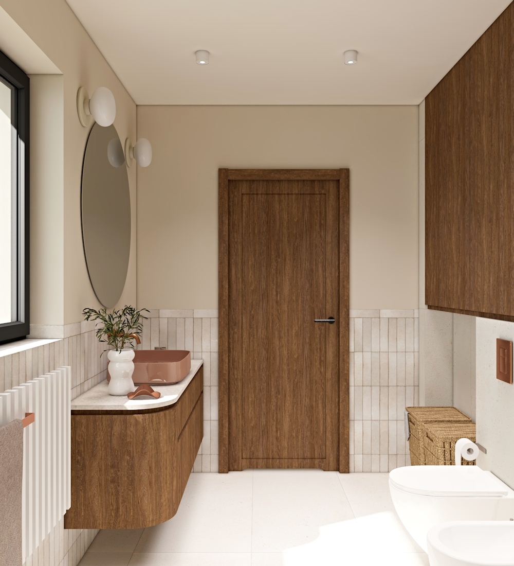 projekt łazienki, płytki w łazience, drewniane drzwi, okrągłe lustro, kolorowa umywalka, płytki cegiełki