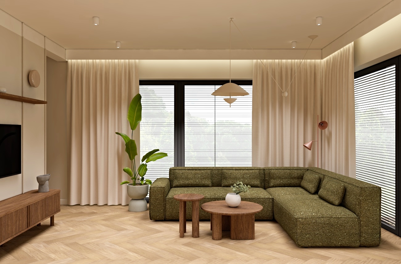 projekt salonu, zielony narożnik, projekt domu, ciepłe wnętrze, jodełka