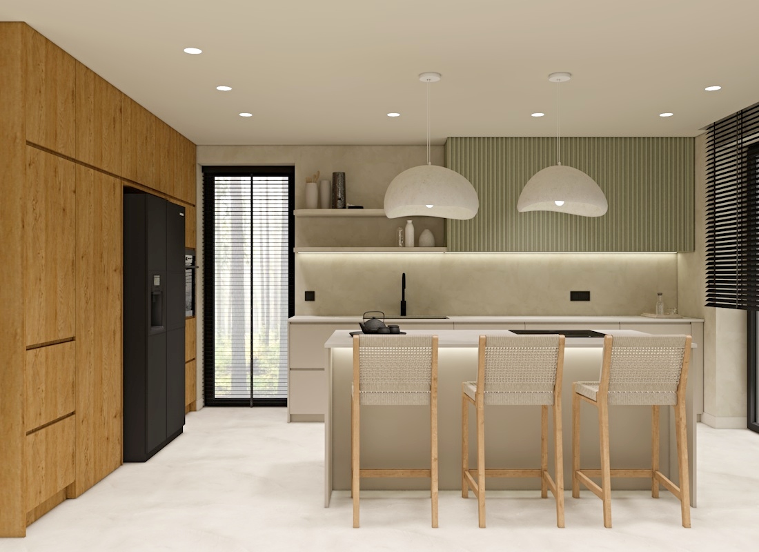 projekt kuchni z wyspą, zielone szafki kuchenne, lodówka side by side, wyspa kuchenna z hokerami, kuchnia w stylu japandi