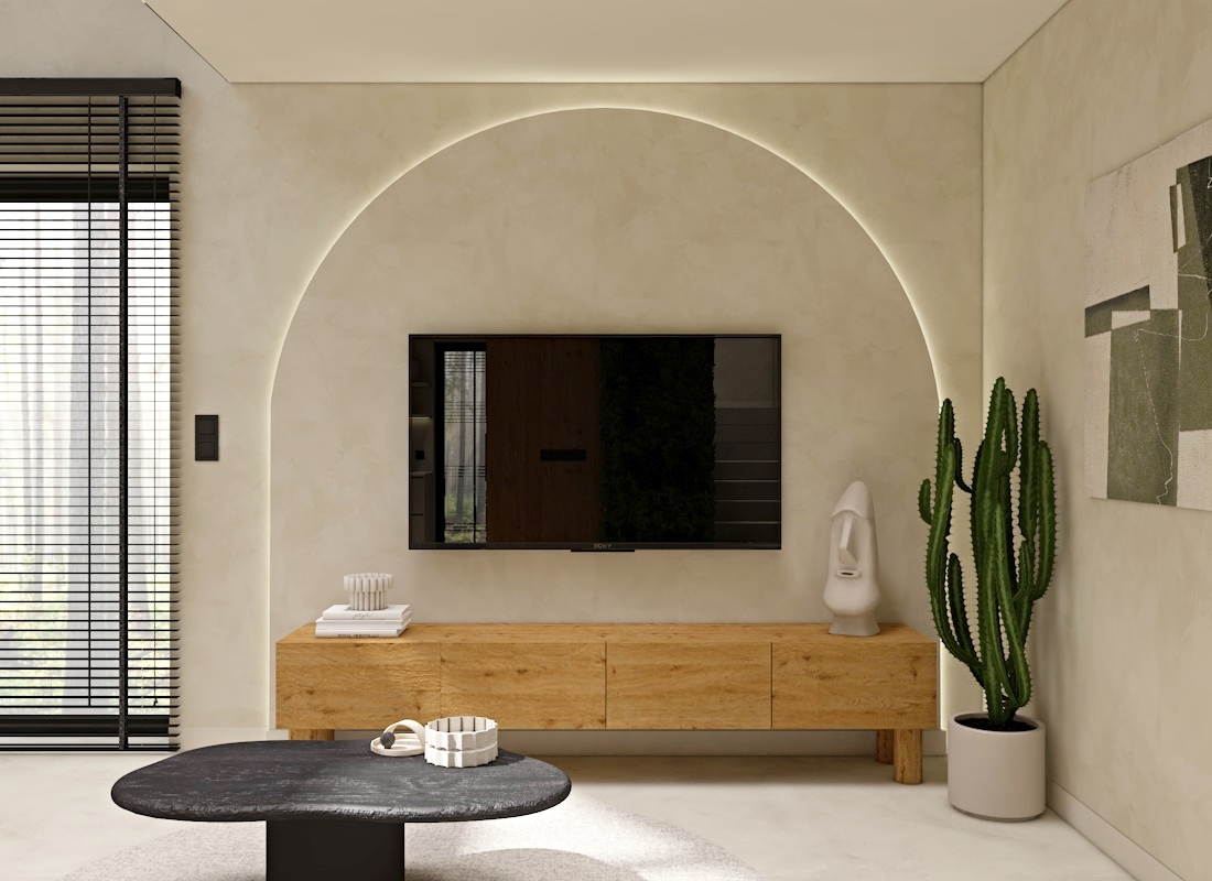 łuk na ścianie rtv, szafka rtv, projekt salonu, mikrocement, tynk wapienny, oświetlenie led