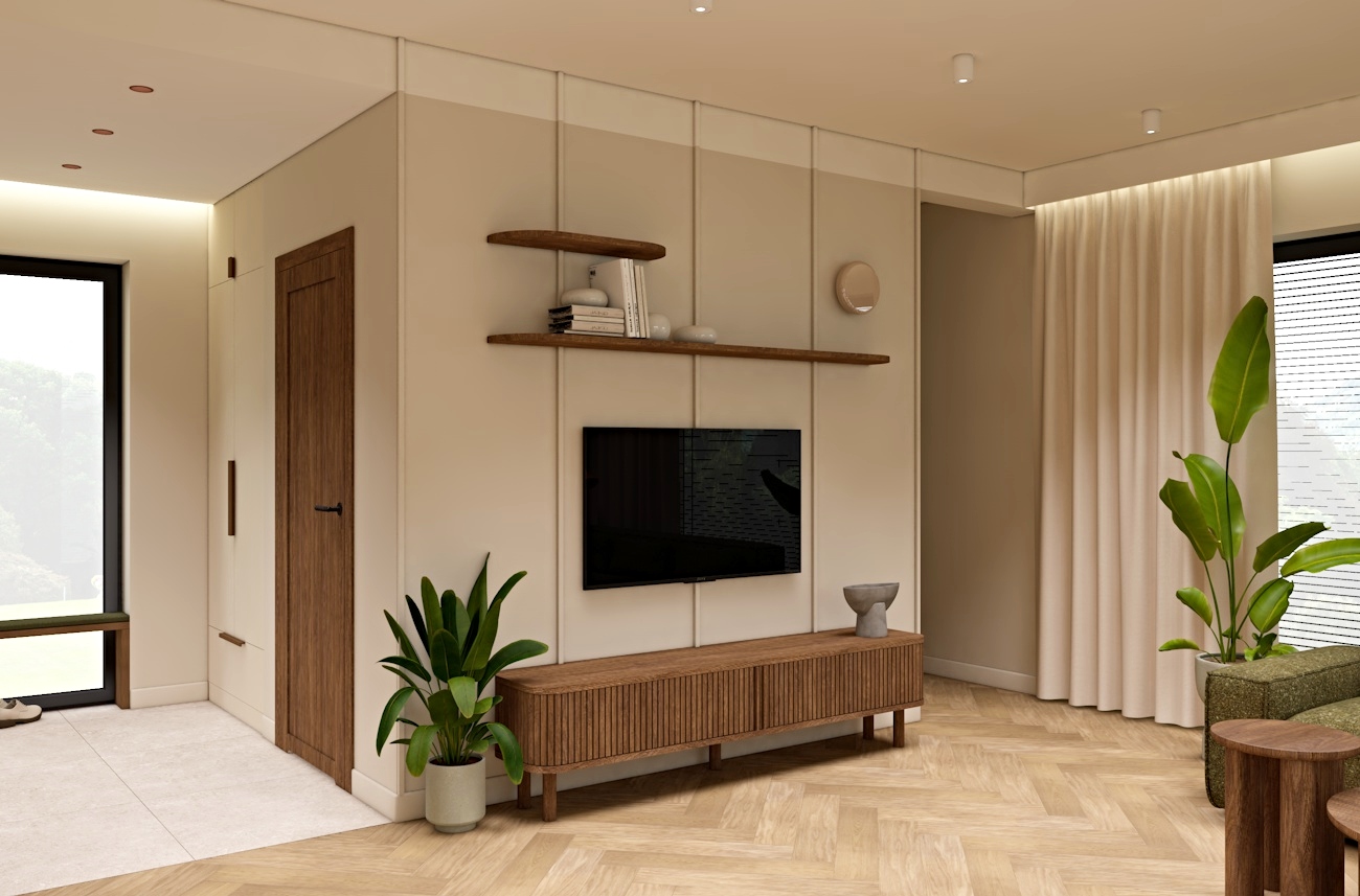 projekt ściany rtv, szafka rtv, japandi, sztukateria, listwy ścienne