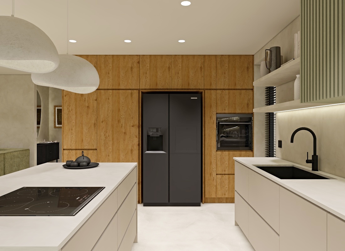 wysoka zabudowa kuchenna, drewniana zabudowa, czarna lodówka