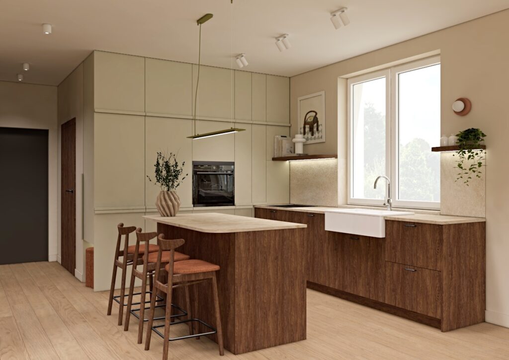 Kuchnia w stylu japandi, orzechowa zabudowa, kuchnia z wyspą, pistacjowa kuchnia