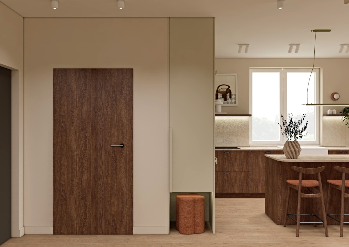 projekt wiatrołapu, korytarz, strefa komunikacji, kuchnia z wyspą, terakota