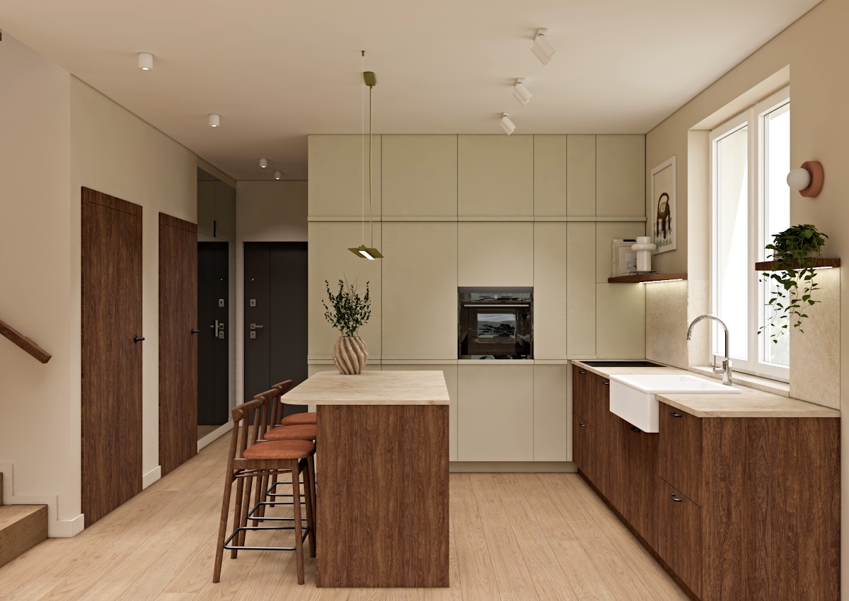 pistacjowa kuchnia, szałwiowa zabudowa, orzechowa kuchnia, kuchnia z wyspą, hokery