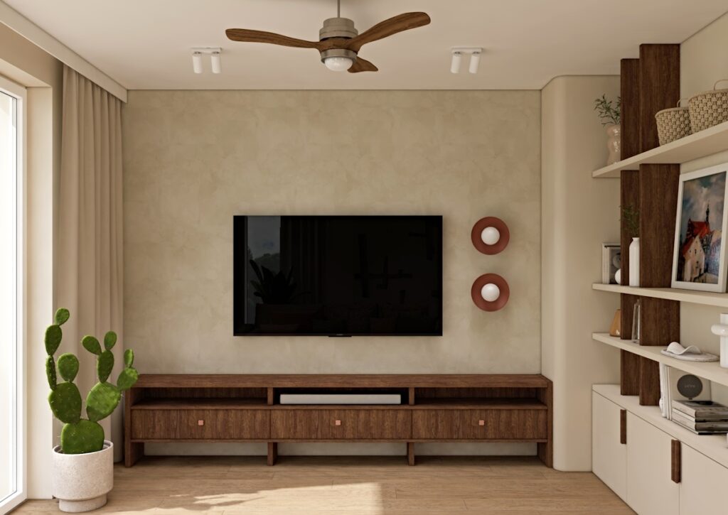 Zabudowa rtv, ściana w salonie, szafka rtv, projekt salonu, mikrocement na ścianie, tynk wapienny