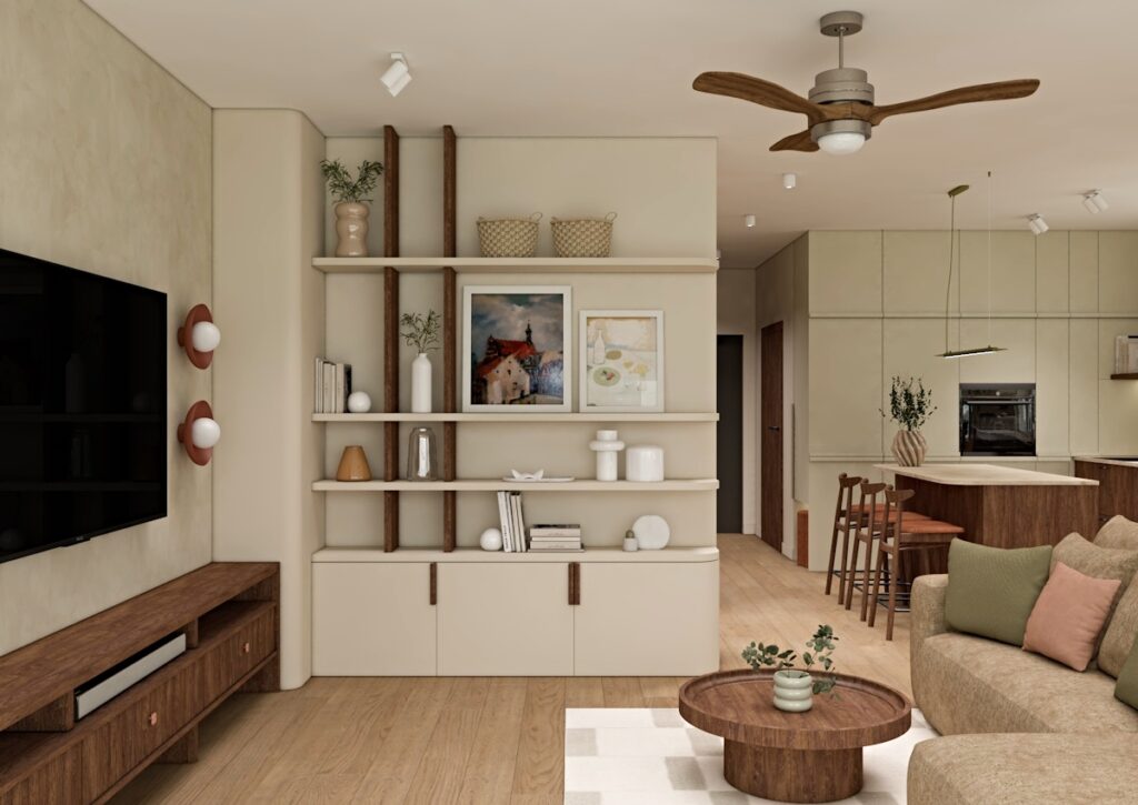 regał w salonie, projekt zabudowy, projekt salonu, salon w stylu japandi