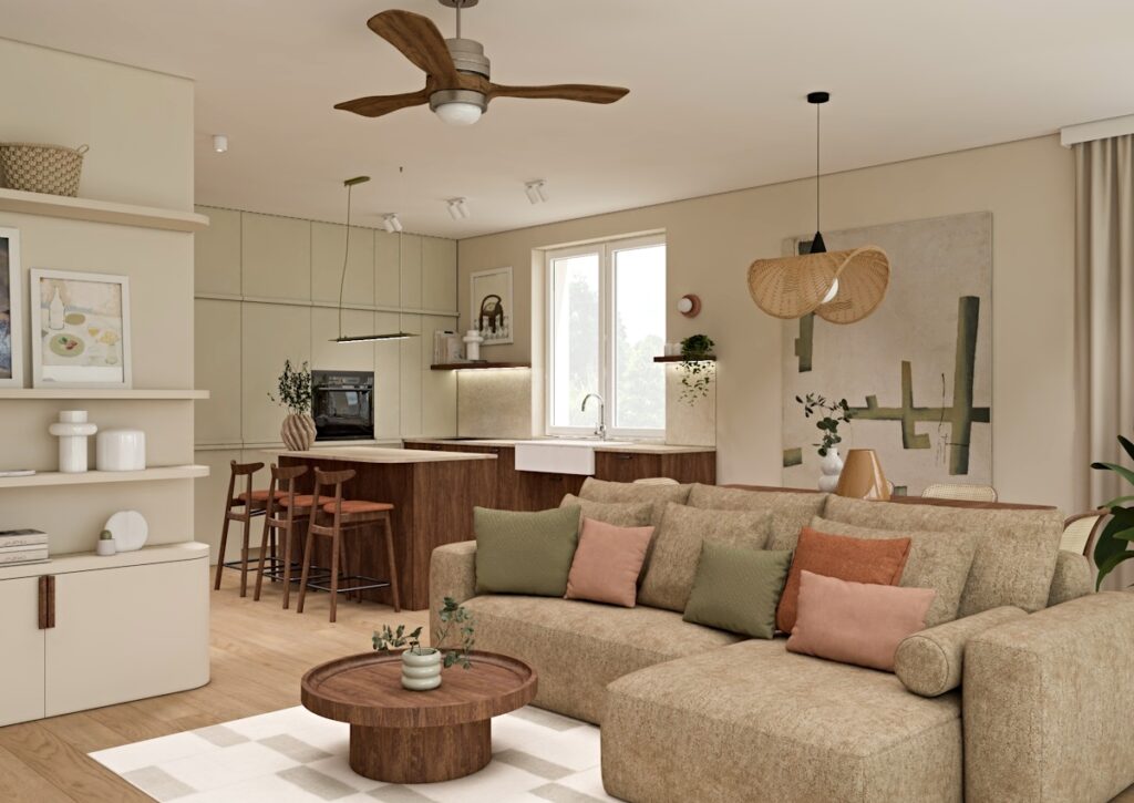 projekt salonu, salon japandi, wnętrze boho, ciepłe wnętrze z zielonymi dodatkami