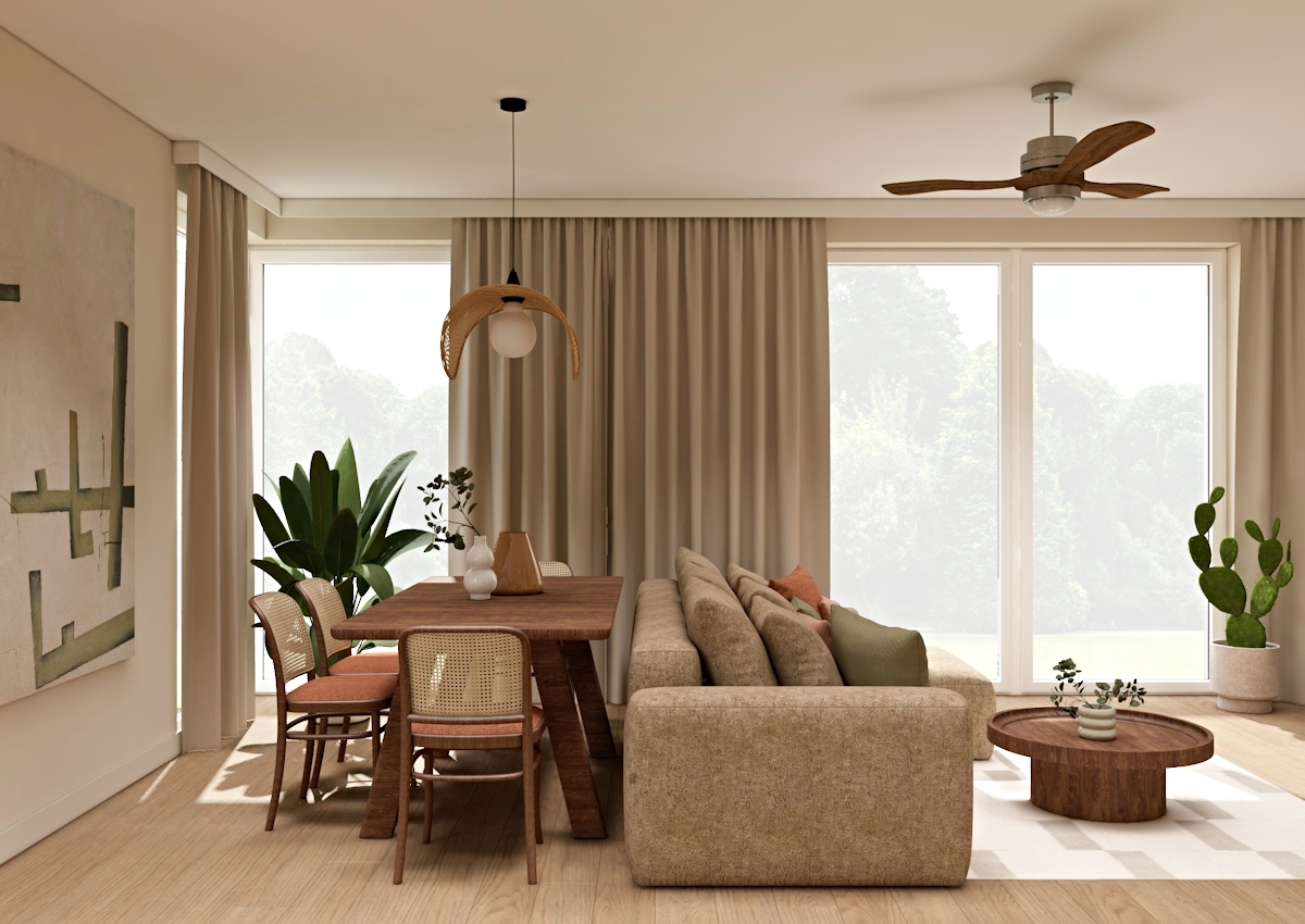 salon z jadalnią, plecionka wiedeńska, styl boho, projekt salonu