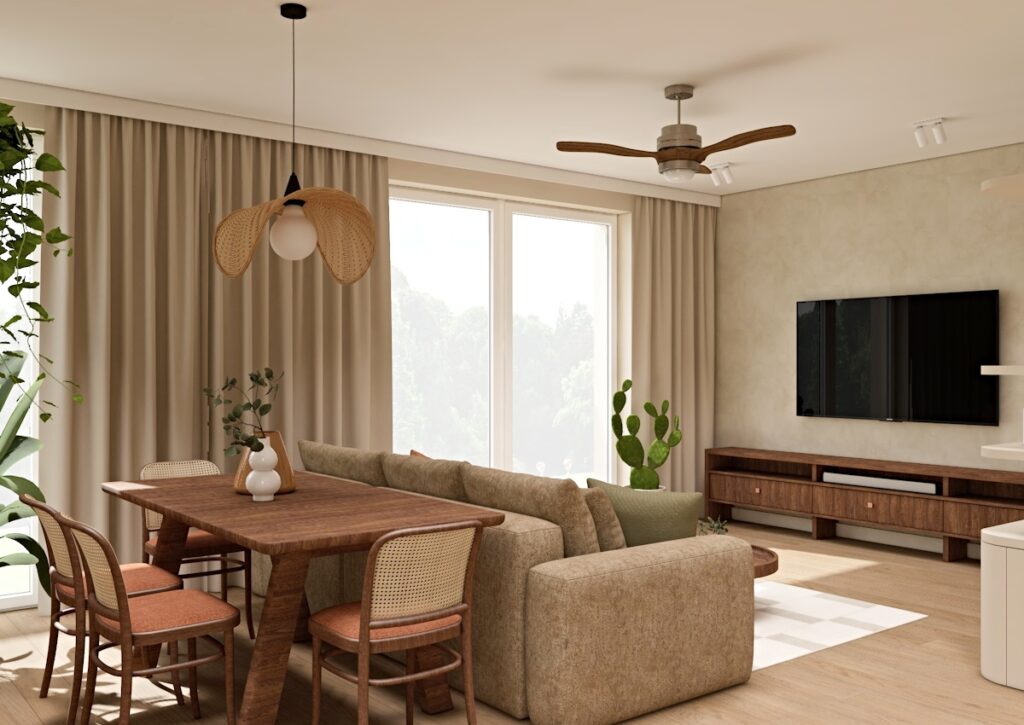 salon z jadalnią, tynk dekoracyjny, mikrocement, tynk wapienny, szafka rtv, styl boho